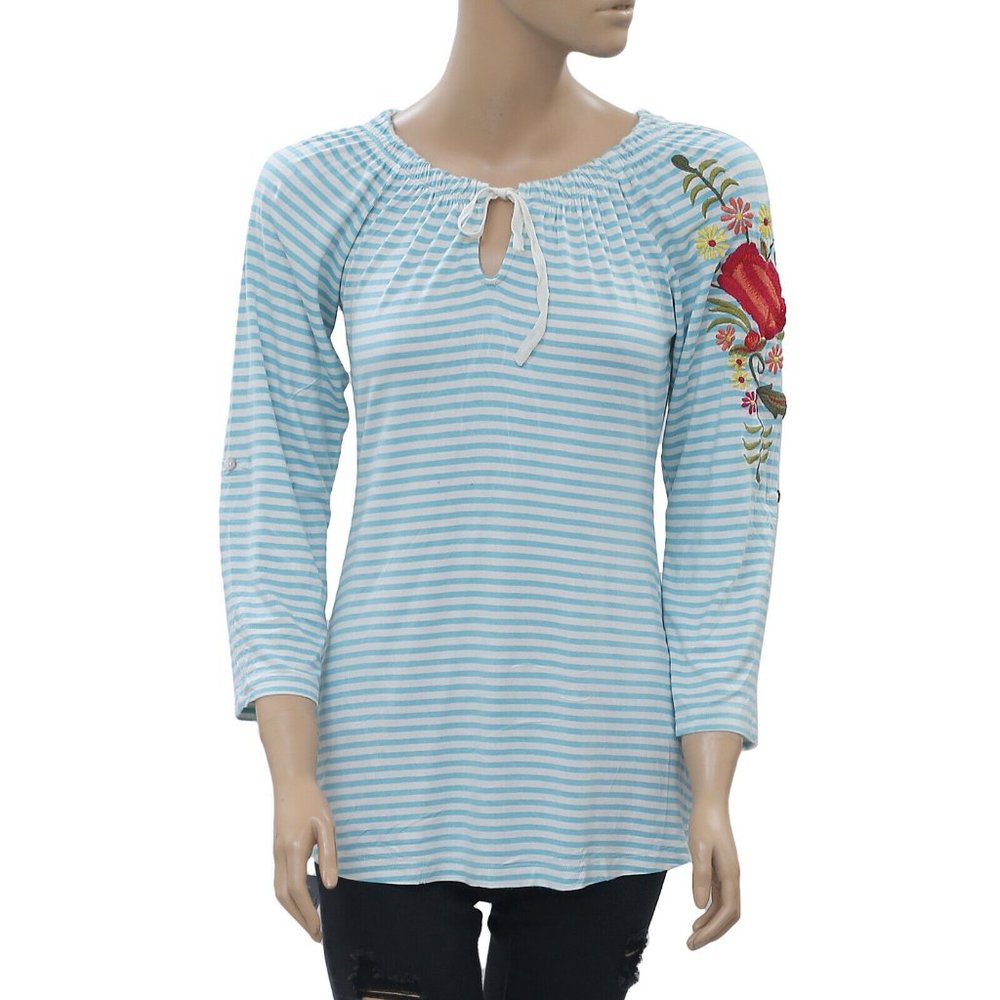 Caite Anthropologie Striped Printed Tunic Top Floral Embroidered XS